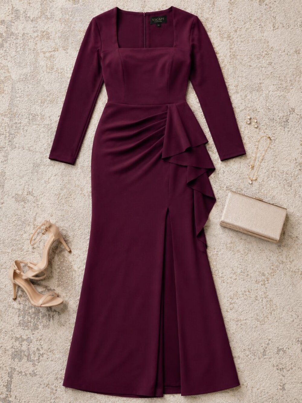 Xscape Plus Size Wine Scuba Square Neck Ruffle Side Gown NWT - Picture 1 of 6